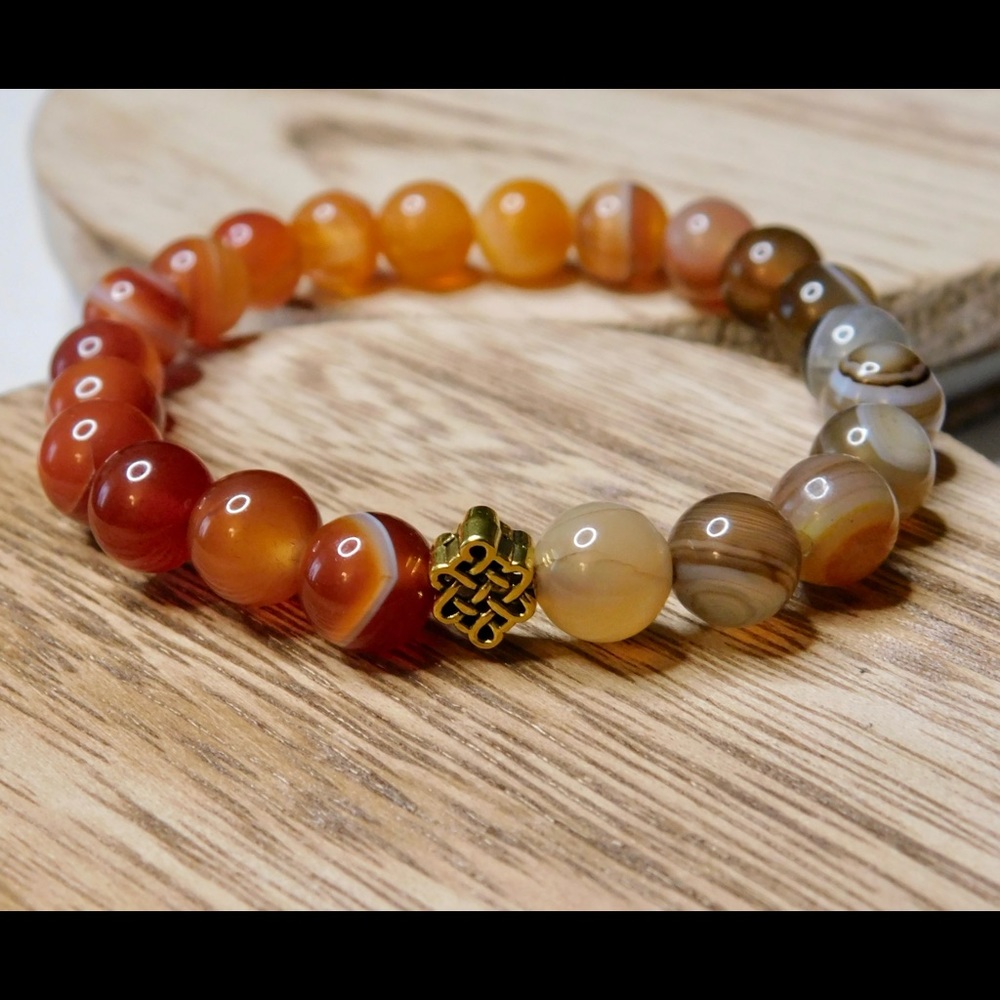 Orange Red Brown Ombré Agate Crystal Bead Bracelet Gold